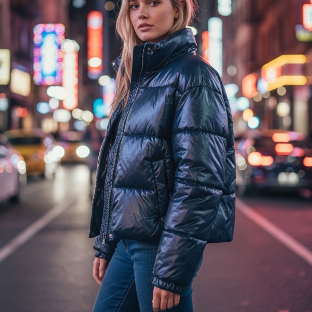 NWT Hudson Sapphire Blue Glossy Cropped Puffer Jacket L